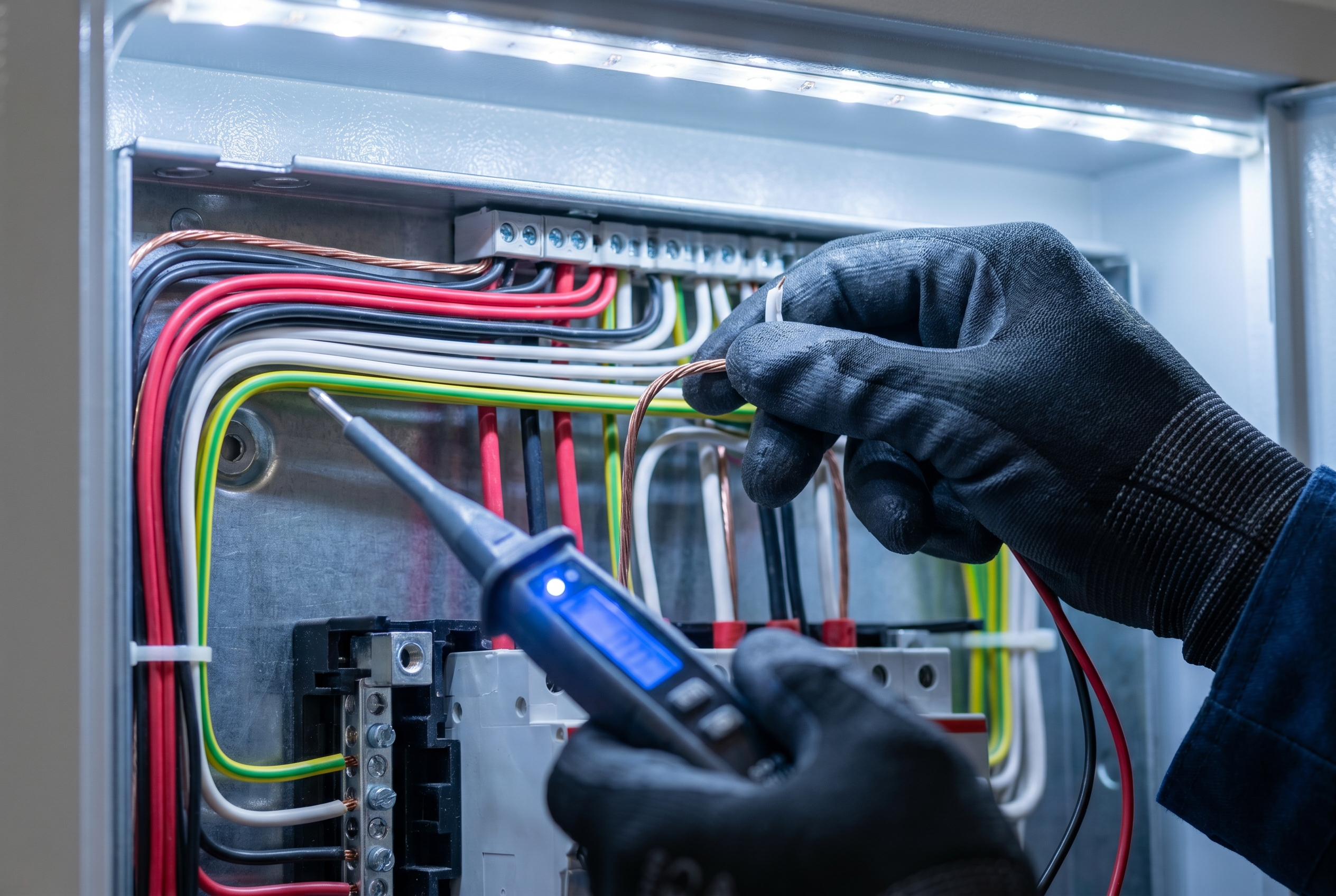 Electrician's hands working on a distribution board