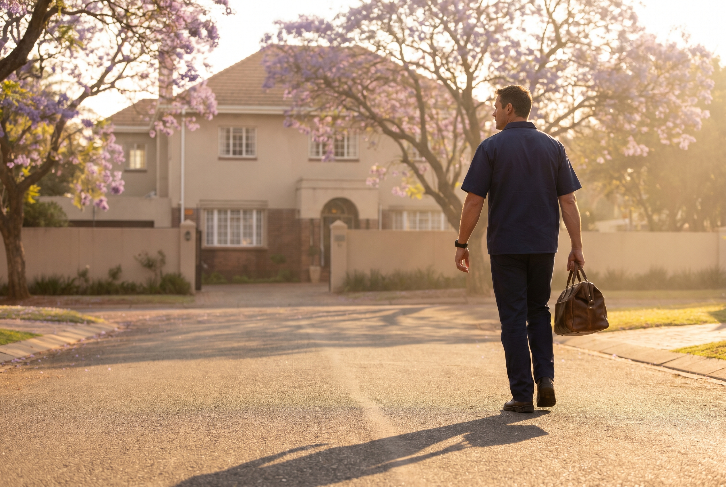 Einheit electrician walking up to a Johannesburg home at dawn