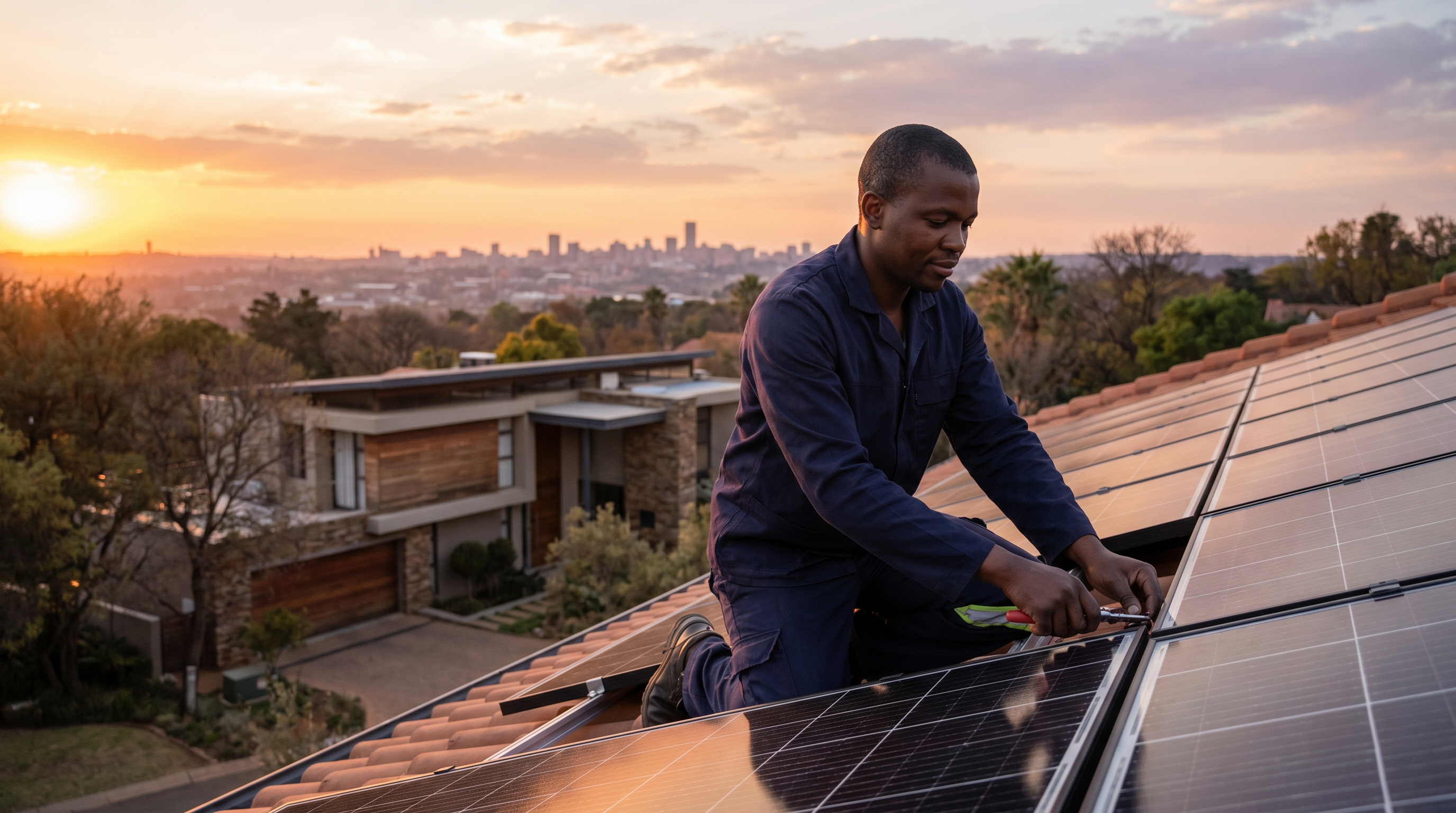 Solar installation on a Johannesburg home at golden hour