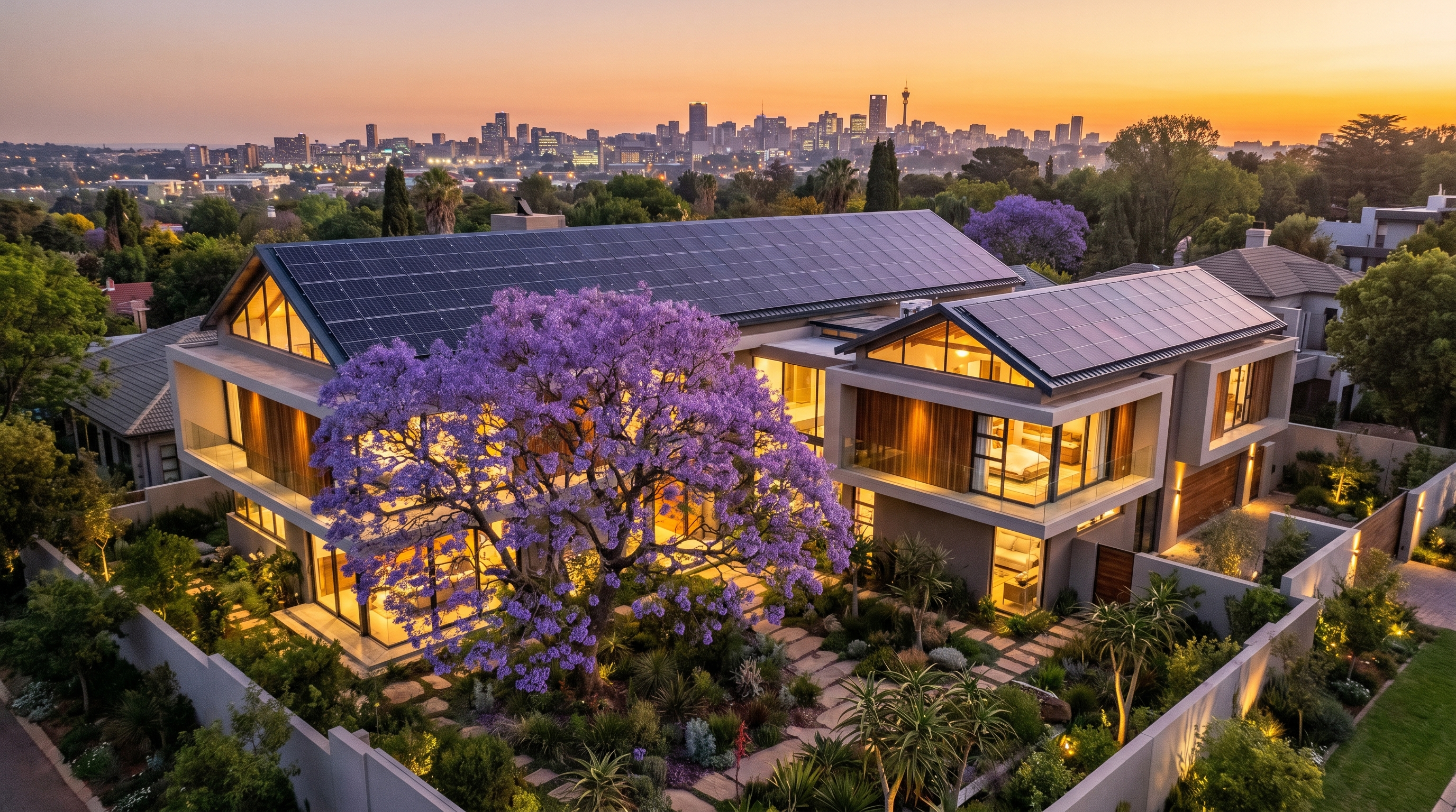 Suburban Johannesburg home with full solar array at dusk