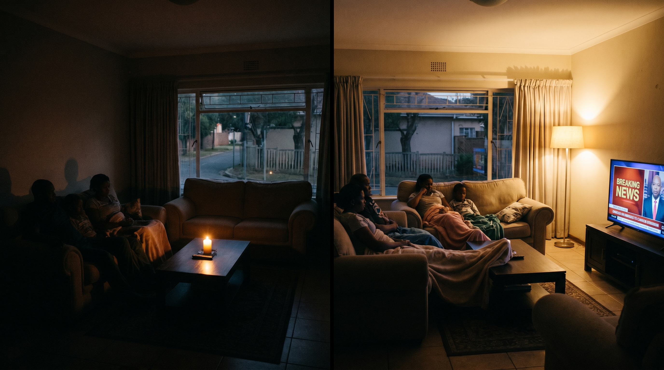 Same Johannesburg living room shown during load-shedding and after a solar install